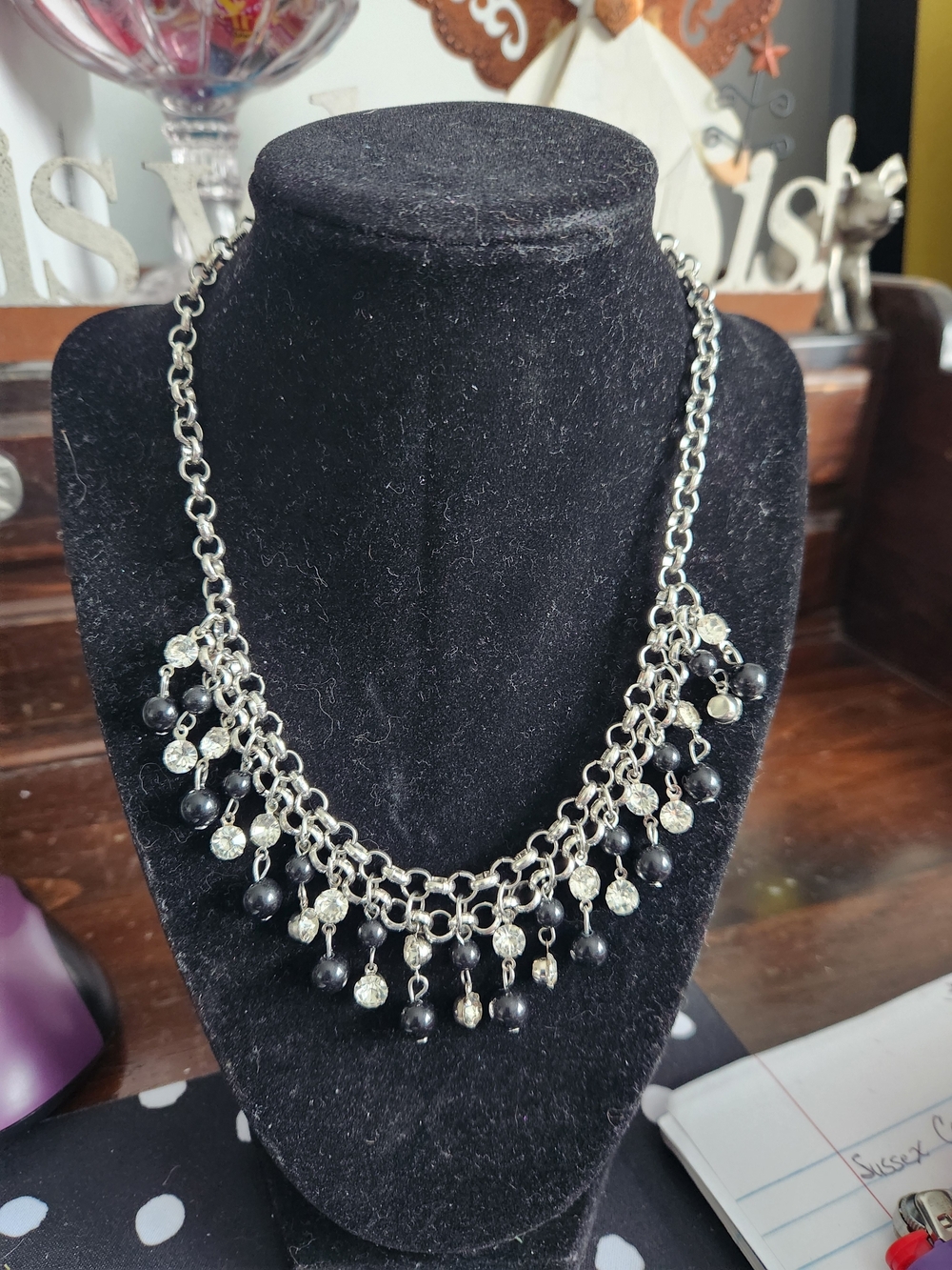 Silver Tone Chain Necklace with Black Beads and Clear Crystals